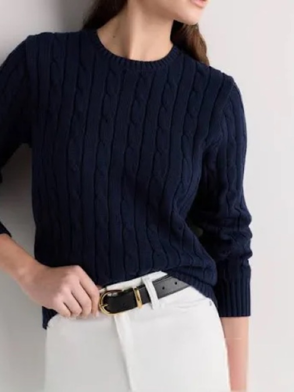 J. Crew L Cotton Classic Cable-Knit Crewneck Sweater - Navy